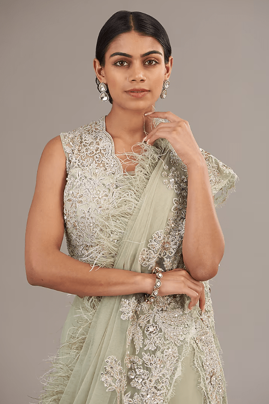 Silver Green Net Feather Embellished Saree Set - Image 3