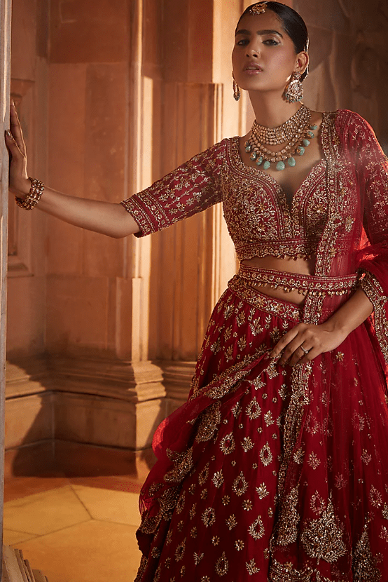 Blood Red Raw Silk Zari Embroidered Lehenga Set - Image 4