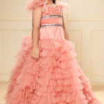 Peach Pink Butterfly Net Crystals Ruffled Gown For Girls