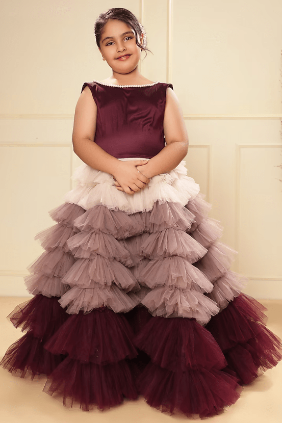 Purple Ombre Tulle Pearl Strings Tiered Gown For Girls
