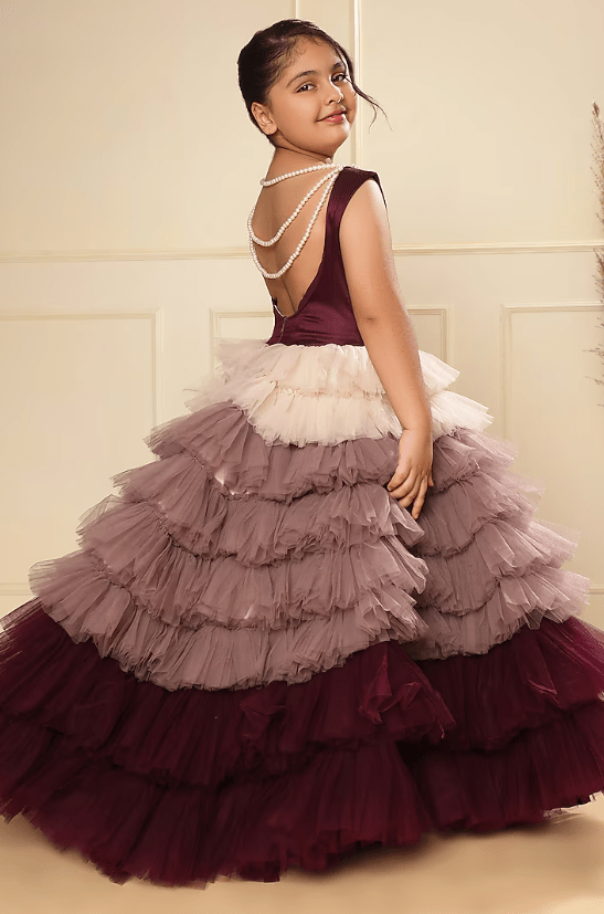 Purple Ombre Tulle Pearl Strings Tiered Gown For Girls - Image 2