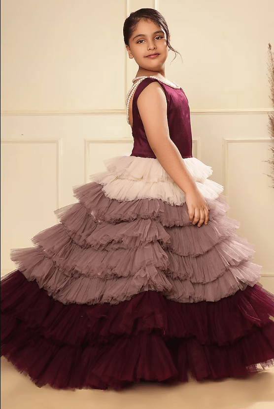 Purple Ombre Tulle Pearl Strings Tiered Gown For Girls - Image 3