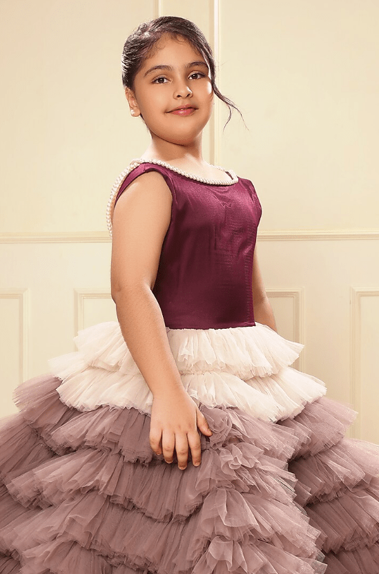 Purple Ombre Tulle Pearl Strings Tiered Gown For Girls - Image 4