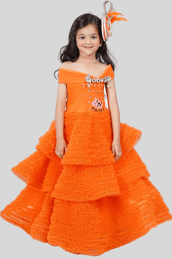 Orange Buttercrepe & Net Tiered Ruffled Gown For Girls