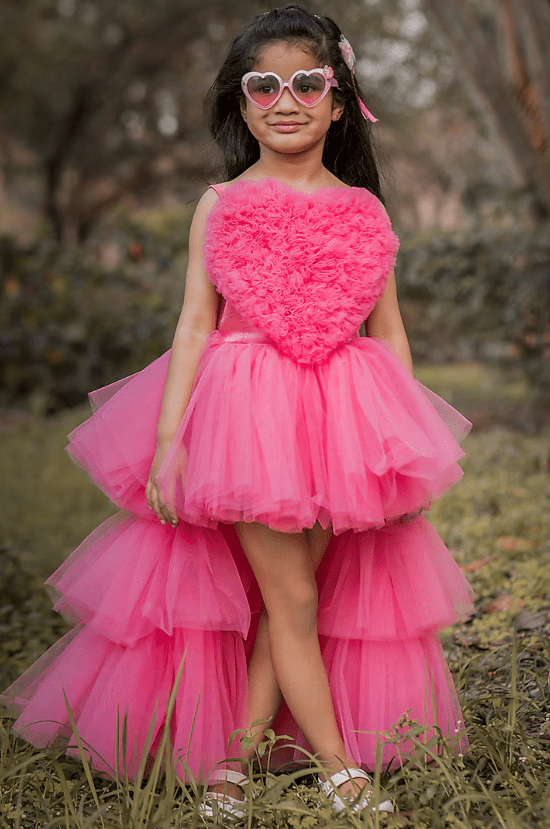 Pink Net High-Low Gown For Girls