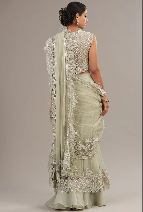 Silver Green Net Feather Embellished Saree Set - Image 4