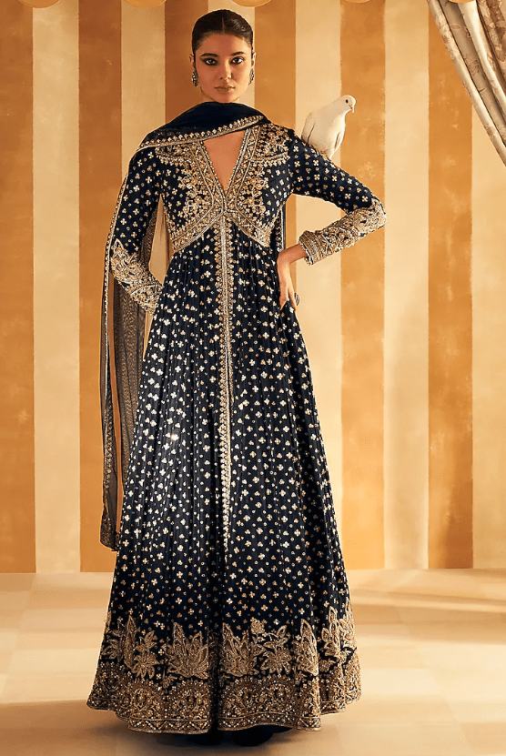 Navy Silk Embroidered Anarkali Set