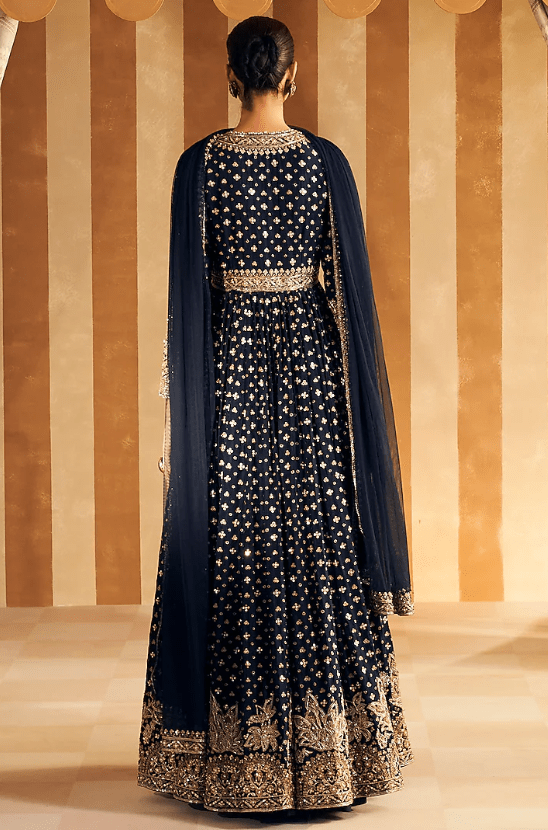 Navy Silk Embroidered Anarkali Set - Image 2
