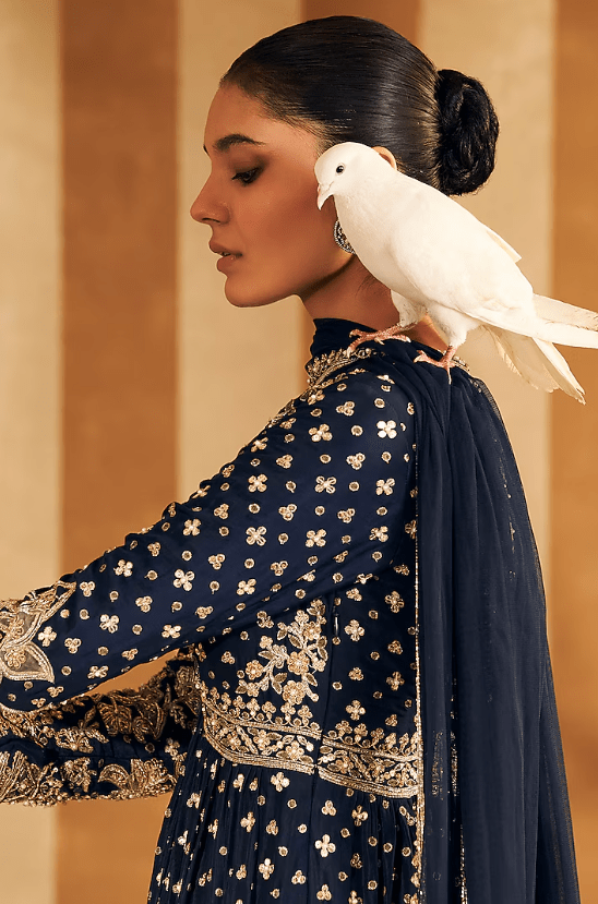 Navy Silk Embroidered Anarkali Set - Image 3