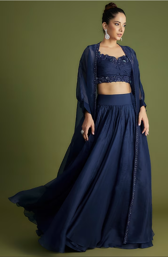 Navy Blue Organza Embroidered Jacket Lehenga Set
