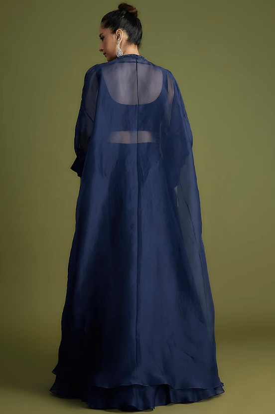 Navy Blue Organza Embroidered Jacket Lehenga Set - Image 2