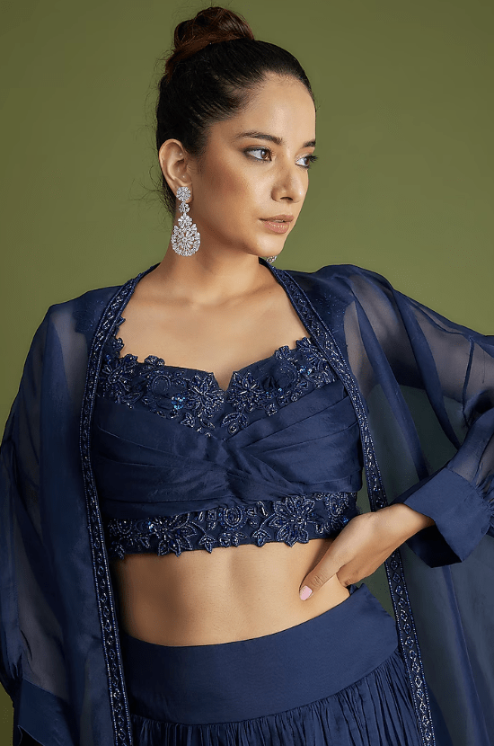Navy Blue Organza Embroidered Jacket Lehenga Set - Image 4