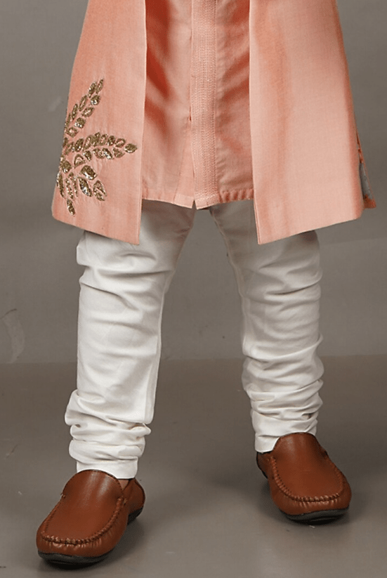 Pink Cotton Silk Leaf Hand Embroidered Front Open Sherwani Set For Boys - Image 3