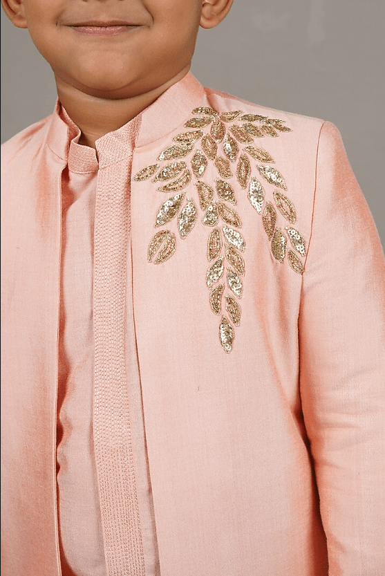 Pink Cotton Silk Leaf Hand Embroidered Front Open Sherwani Set For Boys - Image 4