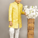 Yellow Cotton Silk Floral Embroidered Sherwani Set For Boys