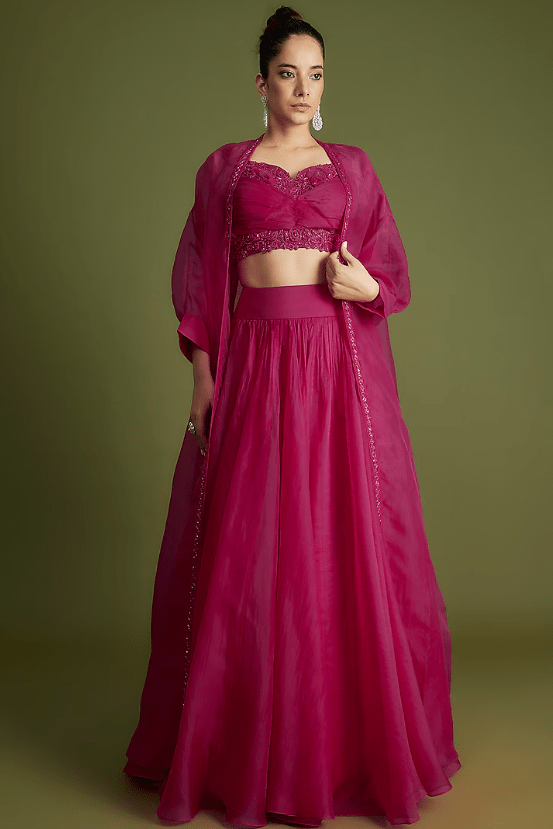 Fuchsia Organza Embroidered Jacket Lehenga Set