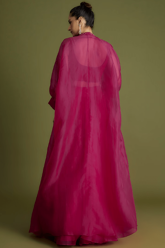 Fuchsia Organza Embroidered Jacket Lehenga Set - Image 2