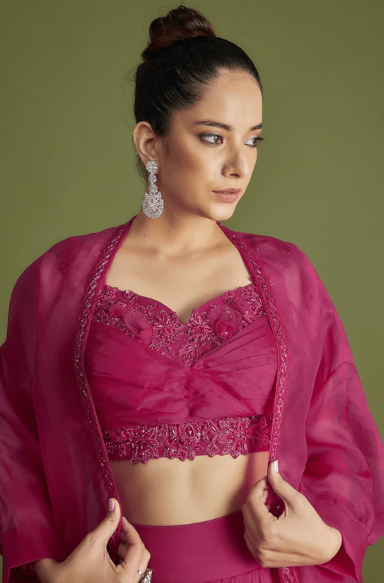 Fuchsia Organza Embroidered Jacket Lehenga Set - Image 4