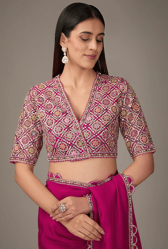 Deep Fuchsia Silk Saree Set - Image 3