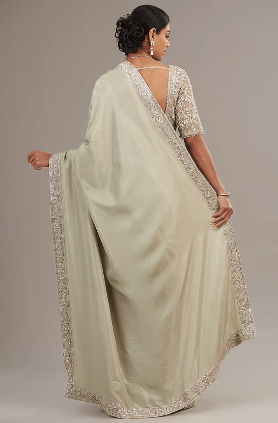 Champagne Flat Silk Embroidered Saree Set - Image 2