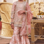 Peach Satin Zari & Stone Embroidered Gharara Set For Girls