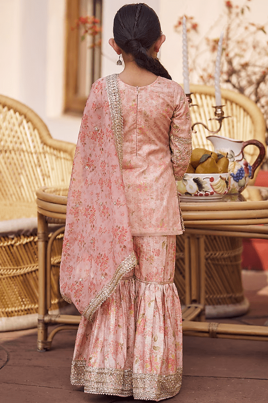 Peach Satin Zari & Stone Embroidered Gharara Set For Girls - Image 2