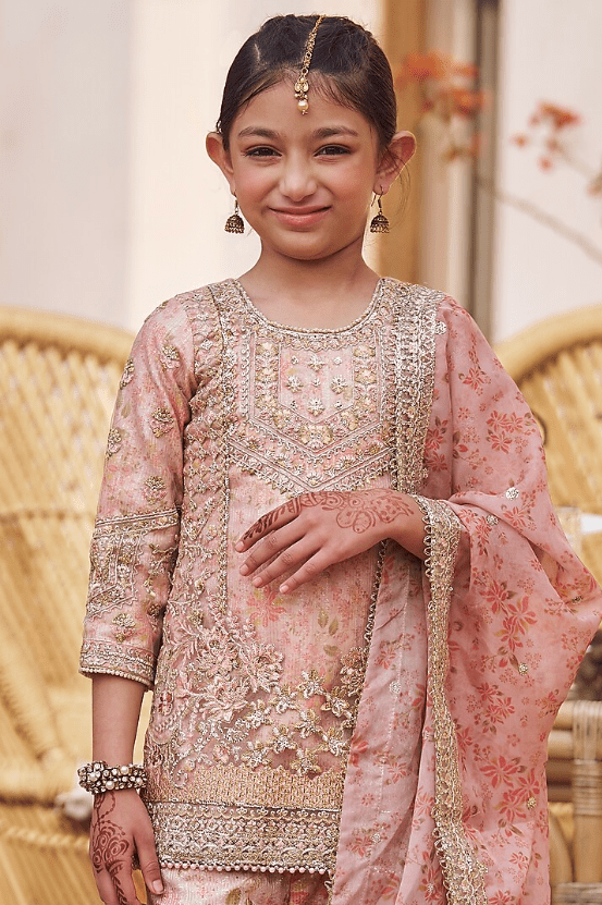 Peach Satin Zari & Stone Embroidered Gharara Set For Girls - Image 3