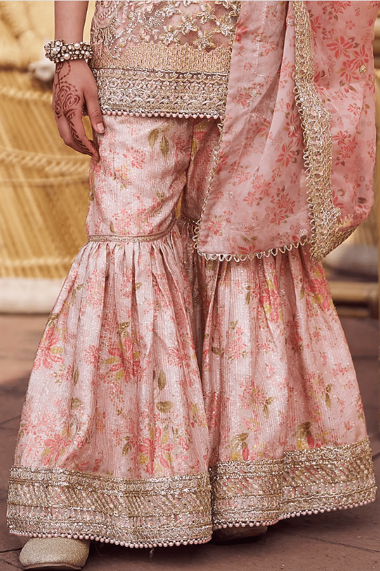 Peach Satin Zari & Stone Embroidered Gharara Set For Girls - Image 4