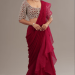 Deep Fuchsia Chiffon & Organza Draped Ruffled Saree Set