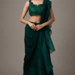 Emerald Green Chiffon & Organza Draped Saree Set