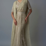 Silver Green Net Motifs Embroidered Skirt Saree Set