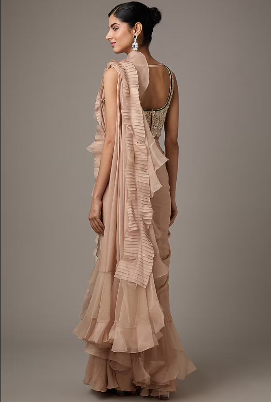 Champagne Chiffon & Organza Ruffled Saree Set - Image 2