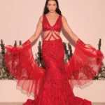 Red Fish Cut Lehenga With Layered Dupatta , blouse with tassel details and gloves