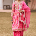 Pink Satin Sequins & Thread Embroidered Kurta Set For Girls