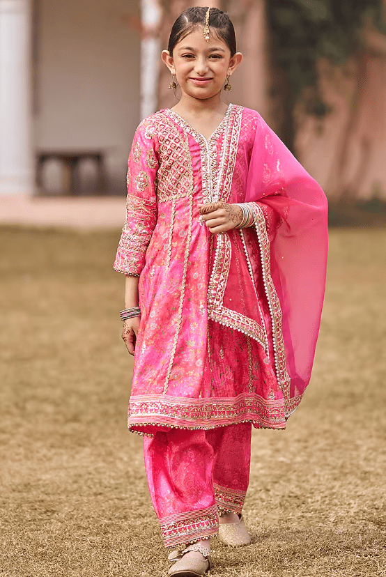 Pink Satin Sequins & Thread Embroidered Kurta Set For Girls