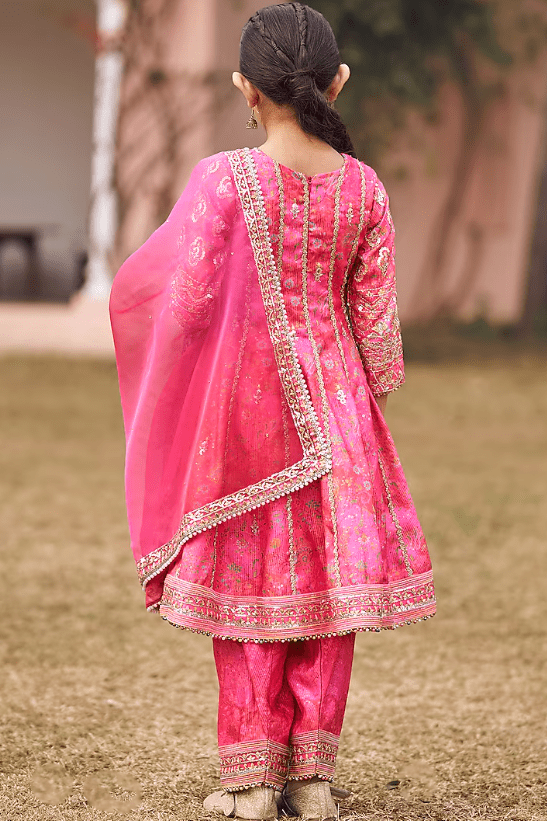 Pink Satin Sequins & Thread Embroidered Kurta Set For Girls - Image 2