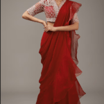 Red Ochre Chiffon & Organza Ruffled Draped Saree Set