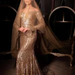 Golden Sequence Fish Cut Gown with trail and embellished embroidery