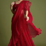 Red Chiffon Organza Draped Saree Set