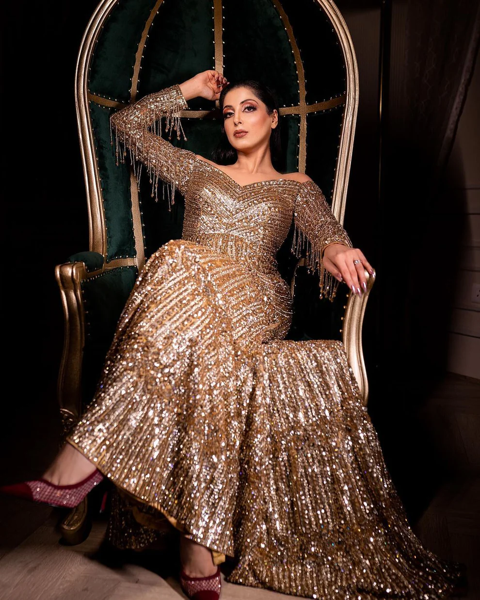 Golden Sequence Fish Cut Gown with trail and embellished embroidery Lady Selection Inc Golden Sequence Fish Cut Gown with trail and embellished embroidery Lady Selection Inc