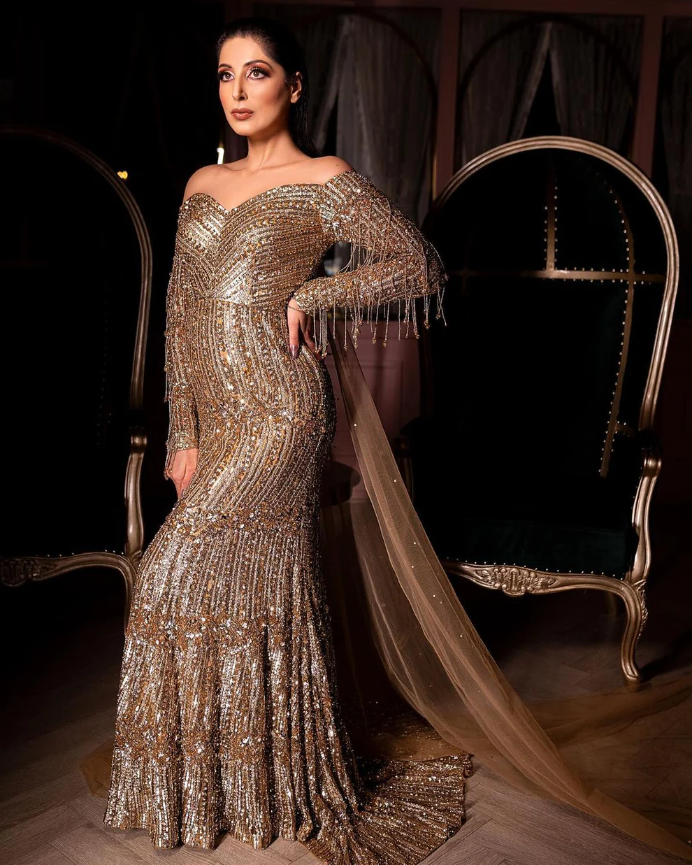 fish cut dress Golden Sequence Gown with trail and embellished embroidery – Lady Selection Inc NY Experience elegance and sophistication Color:METALLIC BLUE Black Halo Santorini Lace Pinterest