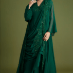 Emerald Green Chiffon Organza Draped Saree Set