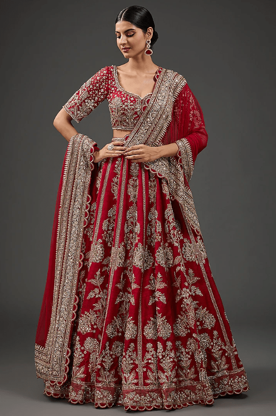 Red Raw Silk Embroidered Lehenga Set
