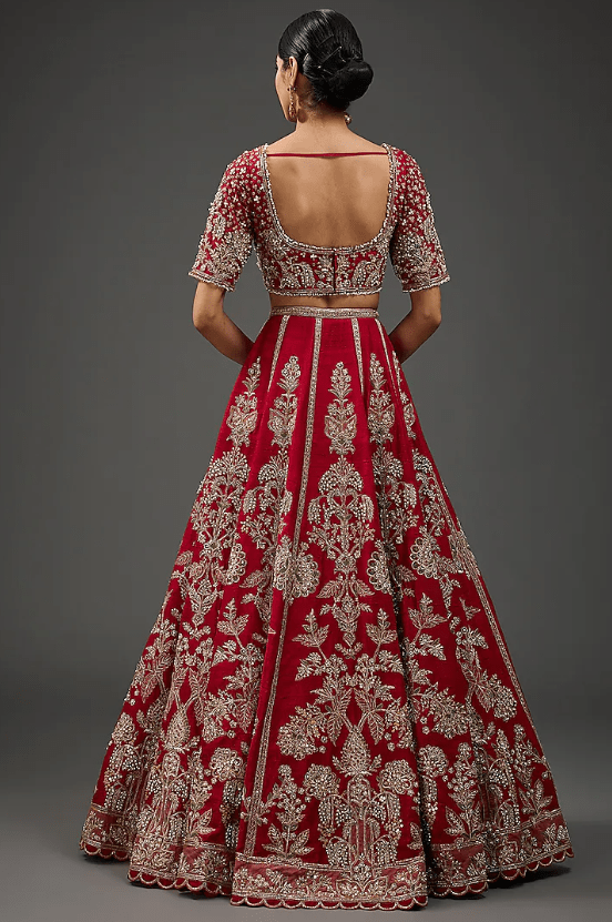 Red Raw Silk Embroidered Lehenga Set - Image 2