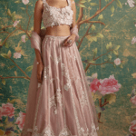 Dusky Pink Organza Placement Embroidered Lehenga Set