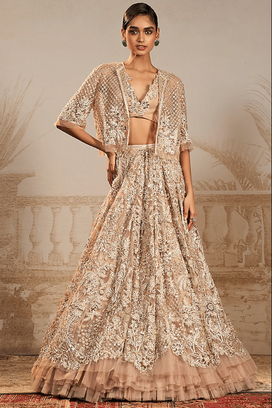 Champagne Net Floral Embroidered Jacket Lehenga Set