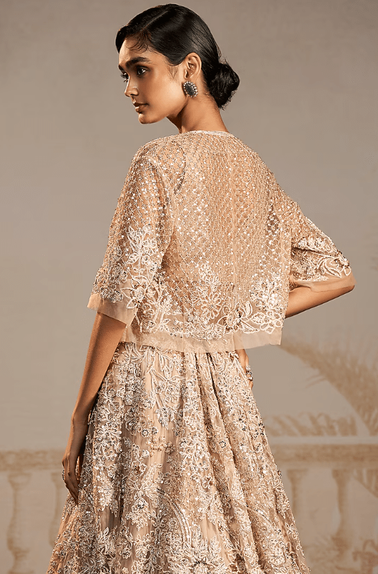 Champagne Net Floral Embroidered Jacket Lehenga Set - Image 2