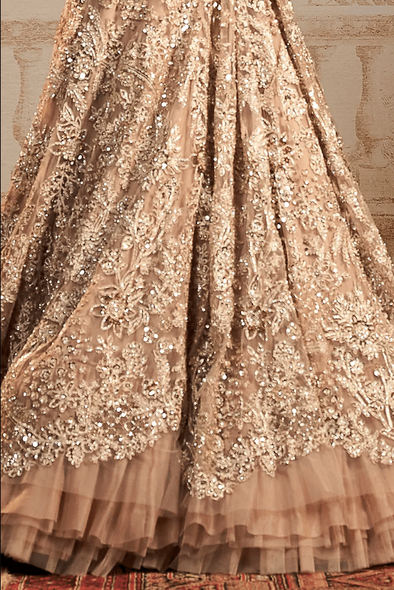 Champagne Net Floral Embroidered Jacket Lehenga Set - Image 3