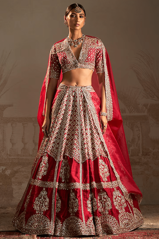 Red Raw Silk Geometric Jewelled Lehenga Set