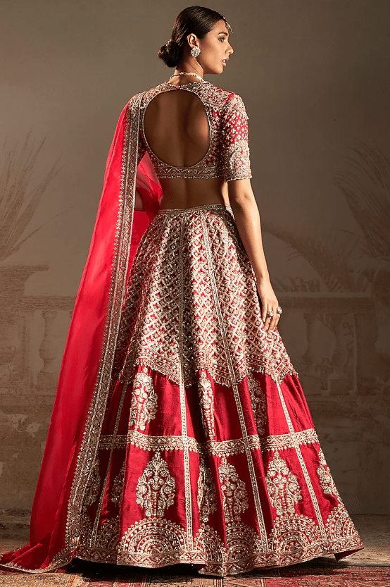Red Raw Silk Geometric Jewelled Lehenga Set - Image 2